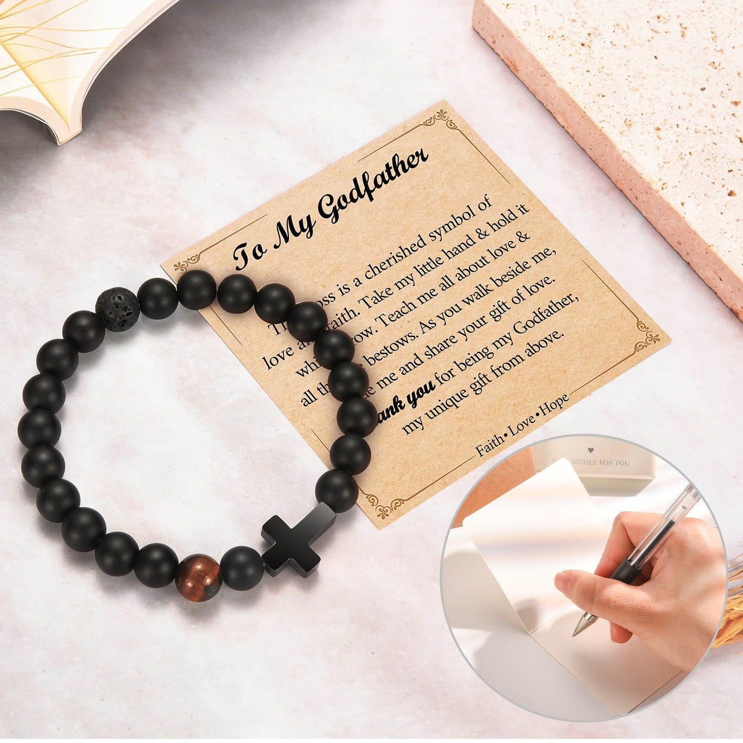 Natural Tiger Eye Stone Cross Bracelet Unisex Geometric Round Beads Handmade Business Style