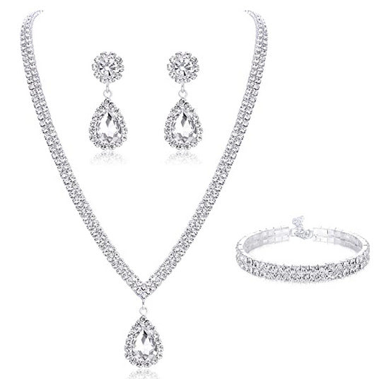 Minimalist Heart Drop Bell Pendant Necklace Set with Rhinestone Accents in Alloy, Includes Matching Earrings and Bracelet