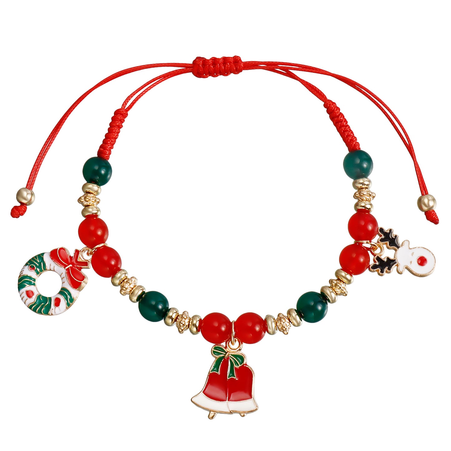 Handmade Beaded Christmas Bracelet Set with Snowman Reindeer and Bell Charms in Red Color Geometric Design Electroplated Women's Jewelry Gift