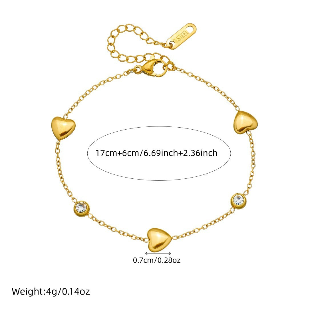 Minimalist Gold Plated Stainless Steel Heart Rhinestone Bracelet for Women