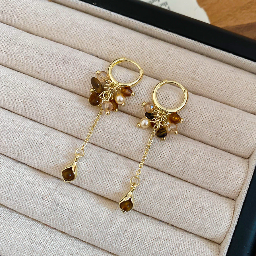 Pendientes Maillard con borla y perla, forma geométrica y postes de acero chapado en oro para mujer