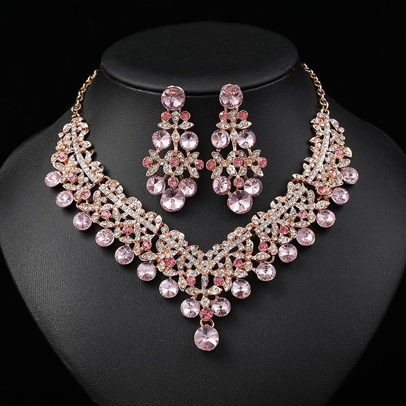 Vintage Floral Alloy Necklace and Earrings Set with Geometric Shapes Electroplated for Women