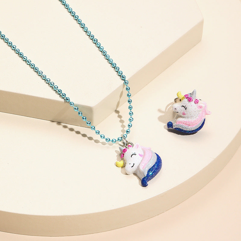 Juego de collares con colgante de animales de dibujos animados para niños, collar de resina de unicornio y dinosaurio con cadena de cuentas