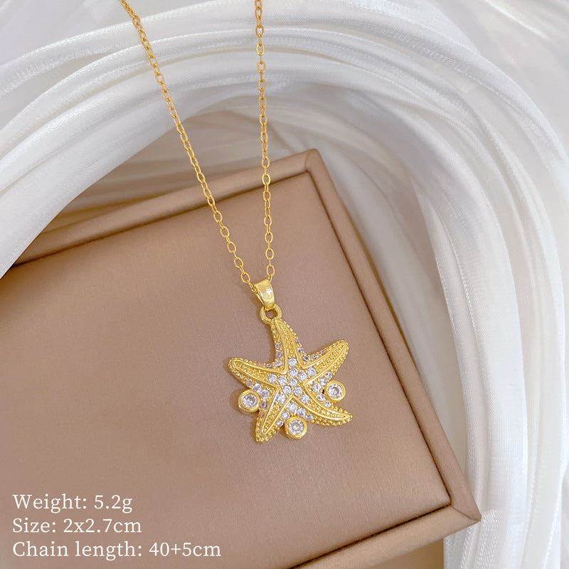 Cartoon Style Starfish-Shaped Titanium Steel Necklace with Rhinestone Inlay for Women and Men, Delicate Clavicle Chain