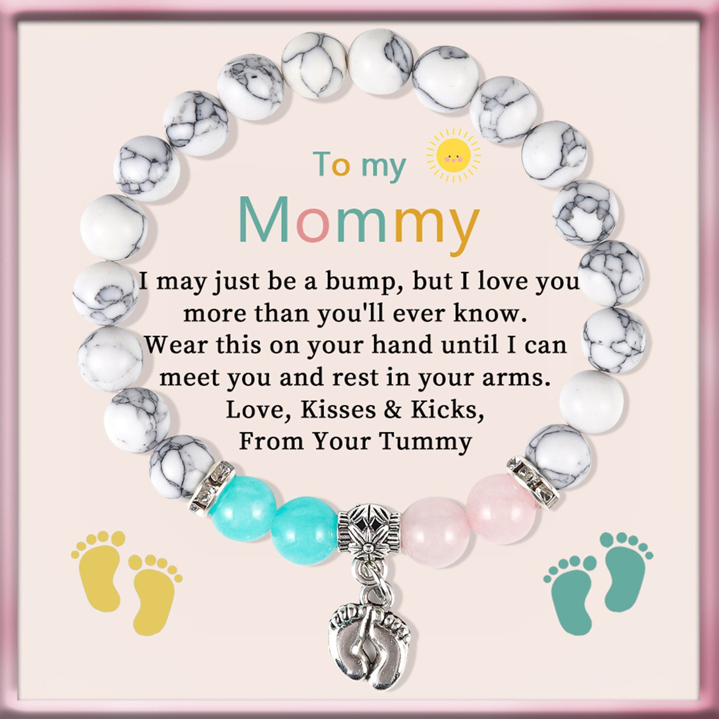 8mm Turquoise Beaded Bracelet with Footprint Pendant and Pearl Accents Unisex Geometric Bracelet