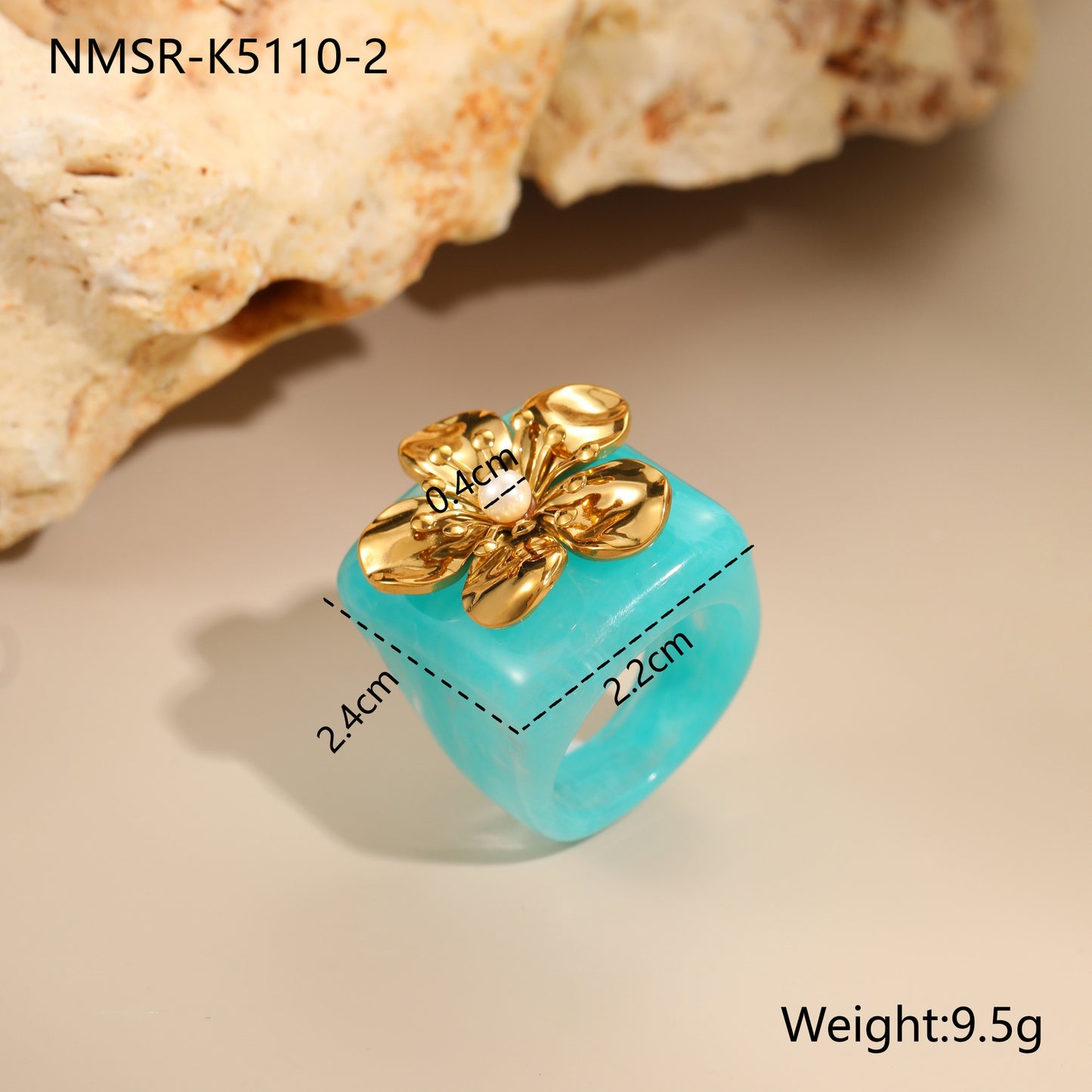 Anillo de lujo de resina floral y perlas en acero inoxidable con diseño geométrico y acabado chapado para mujer