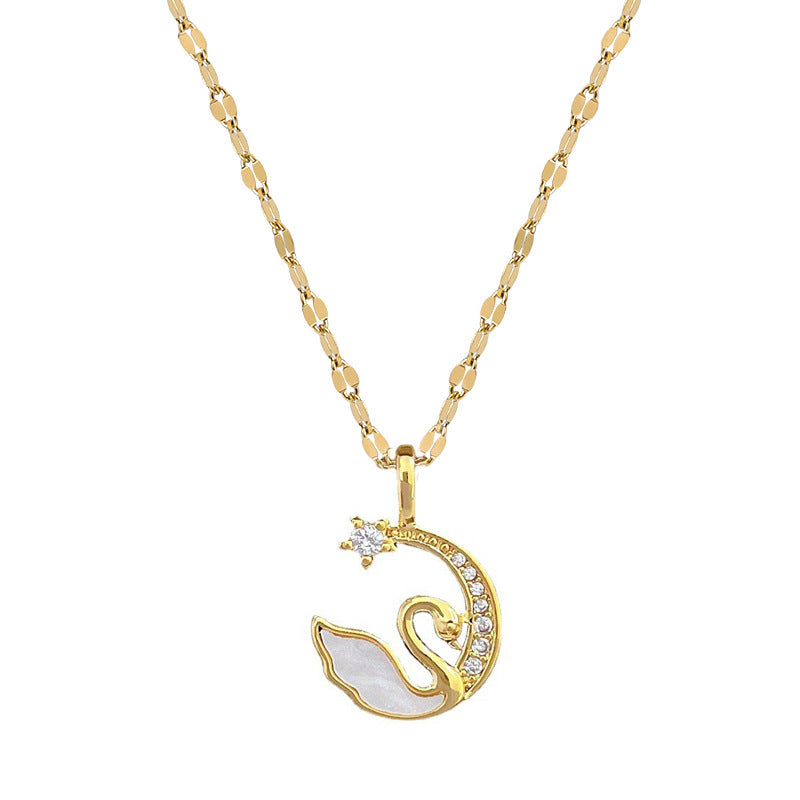 Elegant Moon and Swan Pendant Necklace in Stainless Steel with Geometric Design for Women and Men