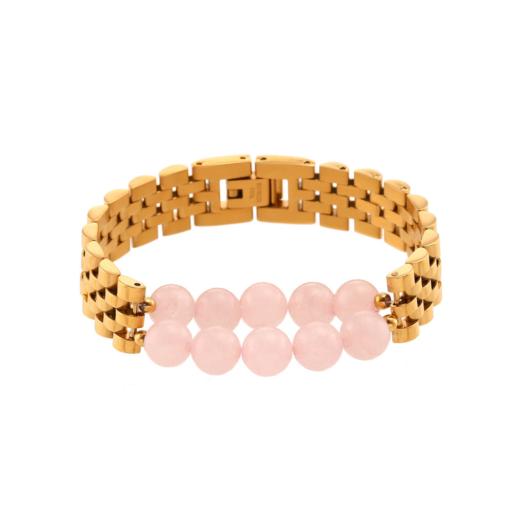 Bracciale da donna alla moda in acciaio inossidabile placcato oro 18 carati, con perline di pietra naturale e zirconi geometrici