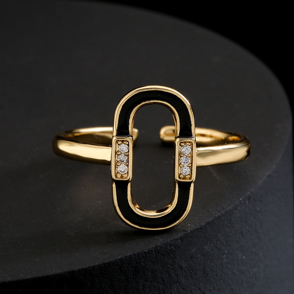 Minimalist Geometric Copper Ring with 18K Gold Plating and Enamel Zirconia Accents for Women