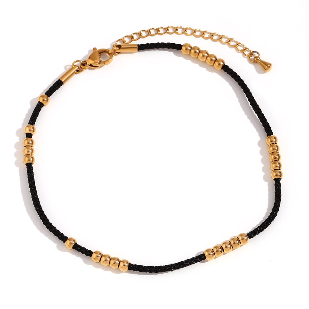 Minimalist Geometric Stainless Steel Anklet with 18K Gold Plating and Black Cord Accented with 25 Steel Beads