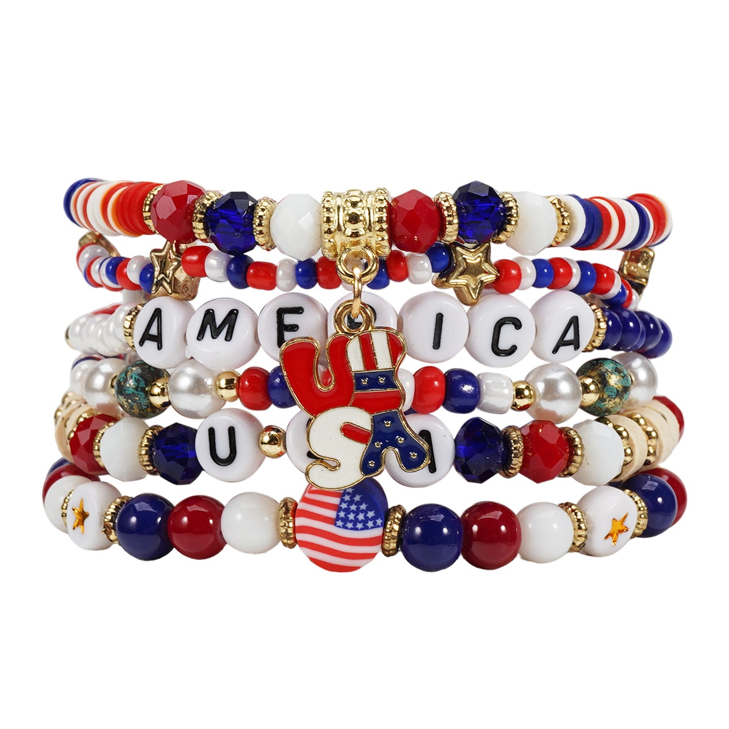 Braccialetto Patriotic Rosso Bianco Blu a Stella Geometrica con Perline in Vetro Unisex