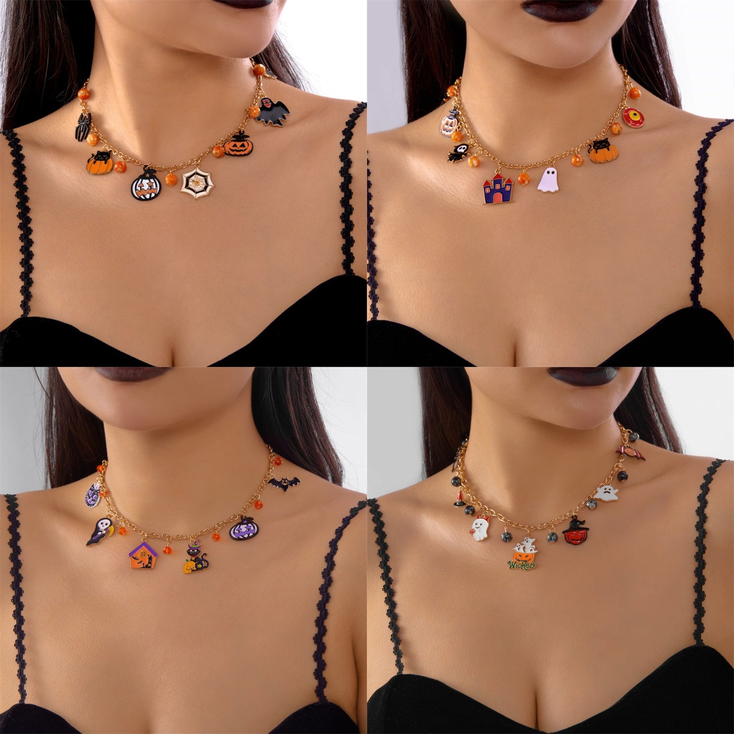 Collar con colgante de calavera de calabaza de Halloween dulce y atrevido de aleación con acabado galvanizado, unisex