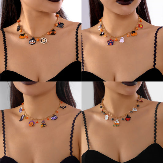 Collar con colgante de calavera de calabaza de Halloween dulce y atrevido de aleación con acabado galvanizado, unisex