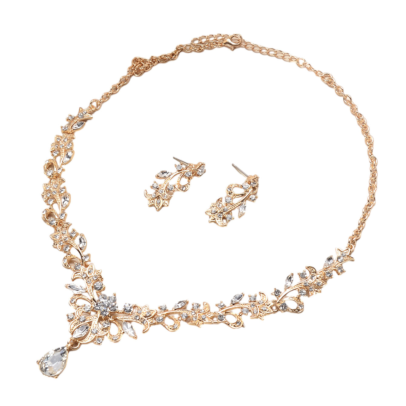Parure di gioielli da sposa: collana e orecchini in lega con strass intarsiati e ciondolo di cristallo, stile floreale, dolce ed elegante