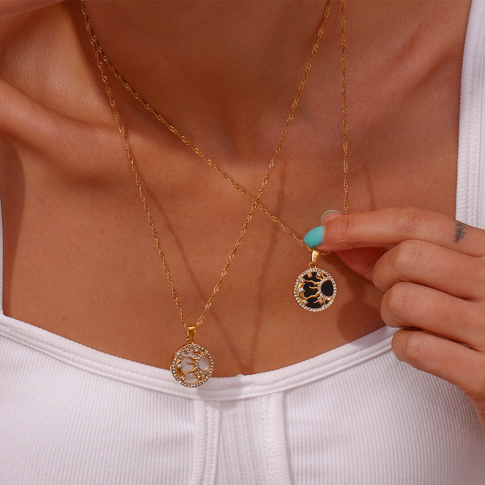 Minimalist Geometric Sun Moon Star Pendant Necklace in Stainless Steel with 18K Gold Plating for Women