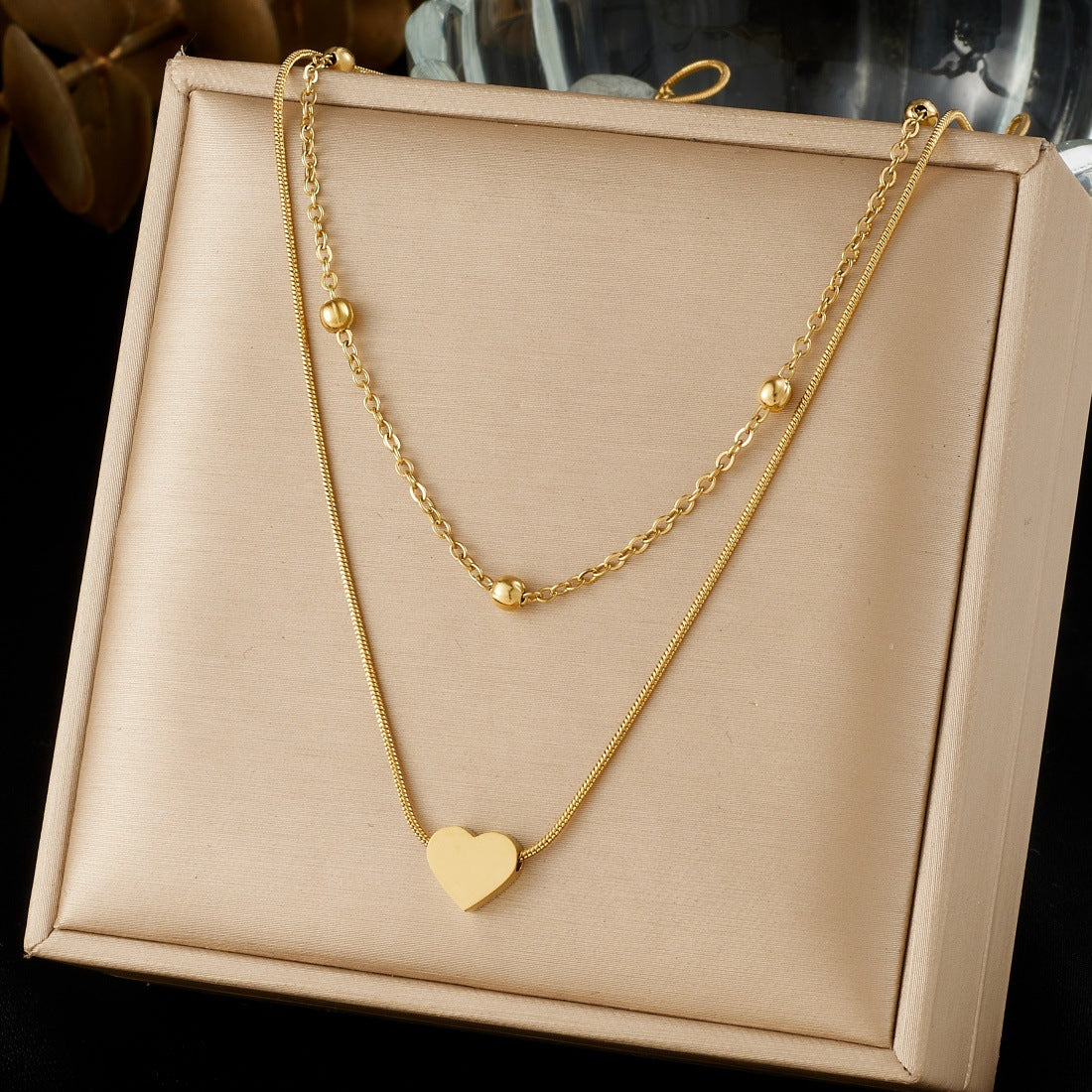 Minimalist Heart Gold Plated Stainless Steel Necklace with Beaded Double Layer Snake Chain for Women