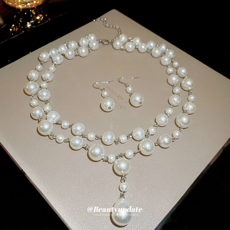 Collar con colgante de perlas de estilo vintage francés con pendientes de gancho para mujer, delicada cadena de clavícula, joyería de lujo minimalista