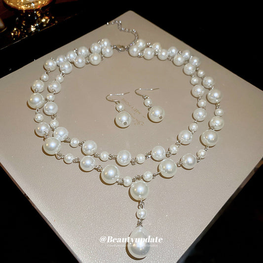 Set di collana con pendente a goccia di perla in stile vintage francese con orecchini a amo da donna, catena clavicola delicata, gioielli di lusso minimalisti
