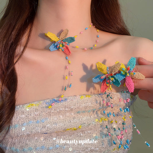 Sweet Floral Crystal Beaded Tassel Earrings and Clavicle Necklace Set for Women