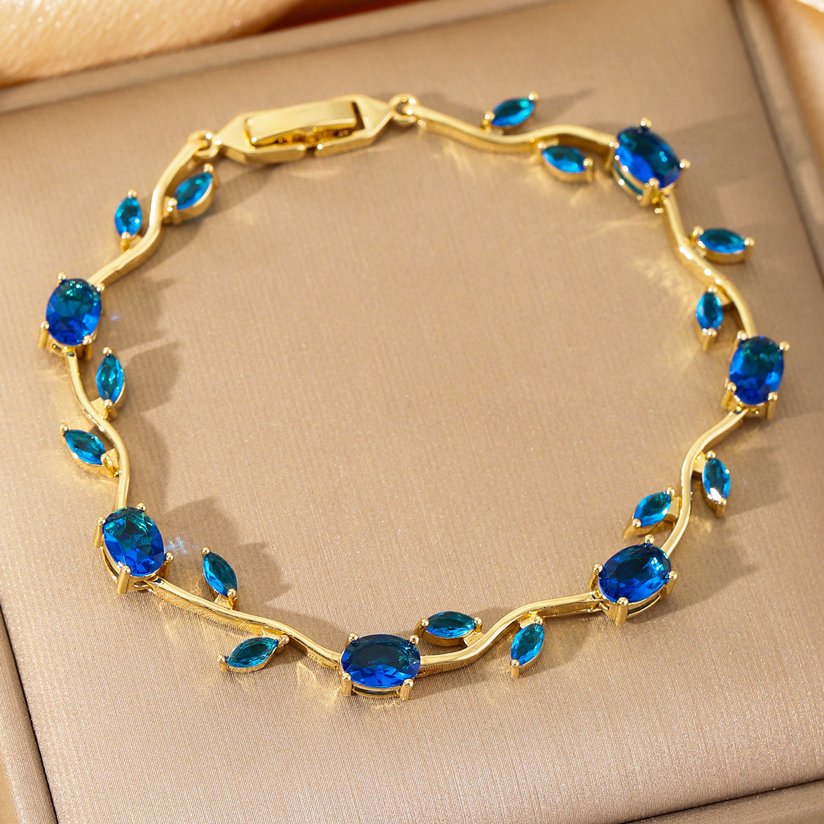 Luxury Gold Plated Brass Leaf Bracelet with Cubic Zirconia Inlay Unisex Floral Design