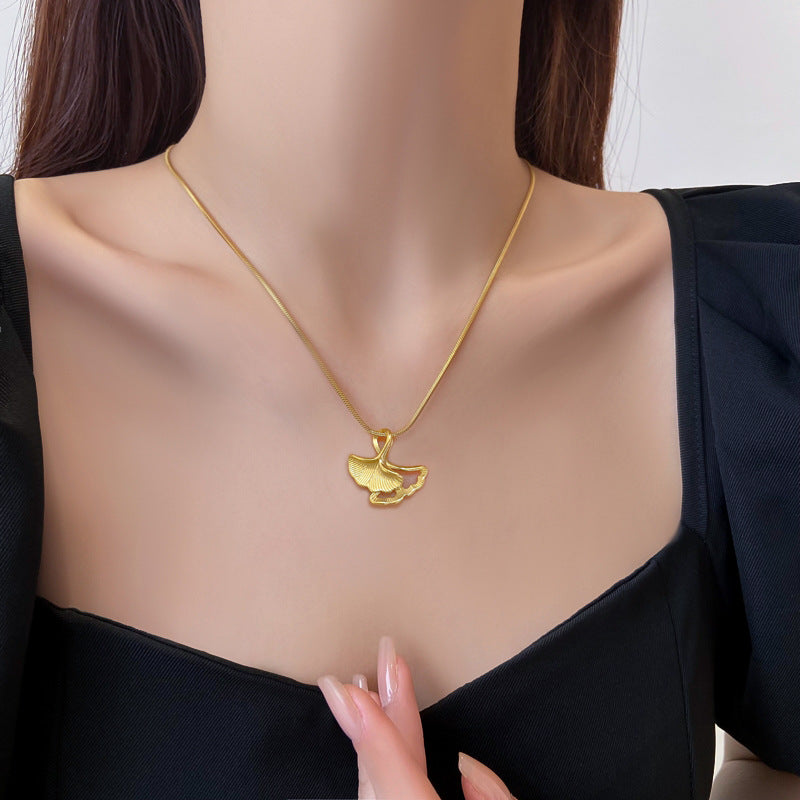 Minimalist Ginkgo Leaf Pendant Necklace in Titanium Steel with Rhinestone Inlay for Women