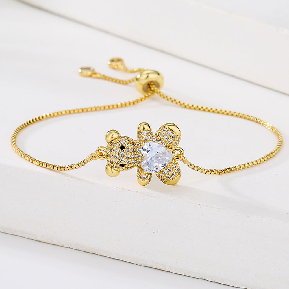 Cute Heart-Shaped Bear Adjustable Drawstring Bracelet for Women in Copper with Zircon Inlay