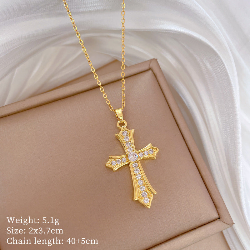 Collar con Colgante de Cruz Minimalista de Acero de Titanio con Incrustaciones Completas de Pedrería para Mujeres y Hombres, Delicada Cadena de Clavícula con Diseño Geométrico