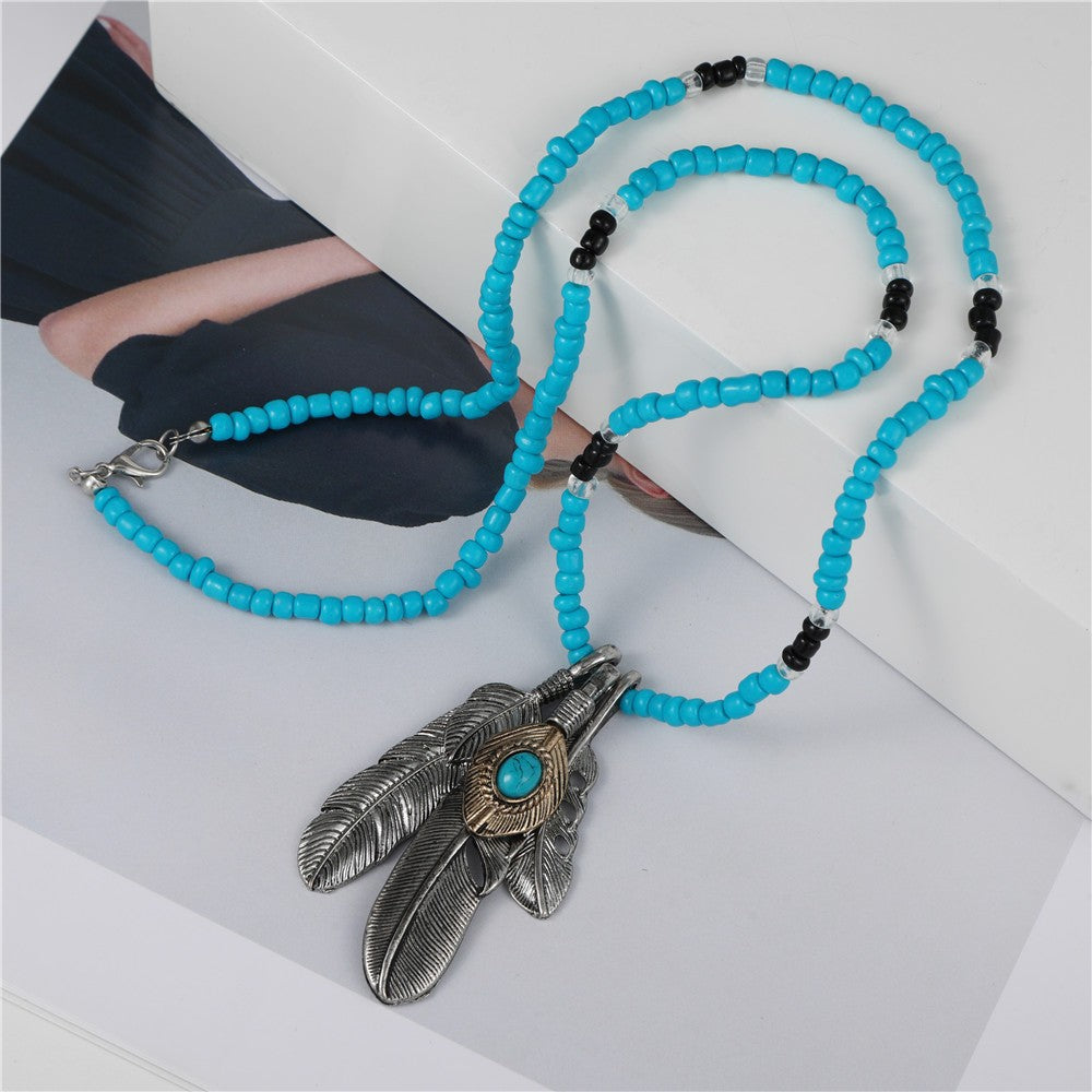 Bohemian Ethnic Geometric Butterfly Teardrop Heart Round Alloy Necklace with Turquoise and Pearl Inlay