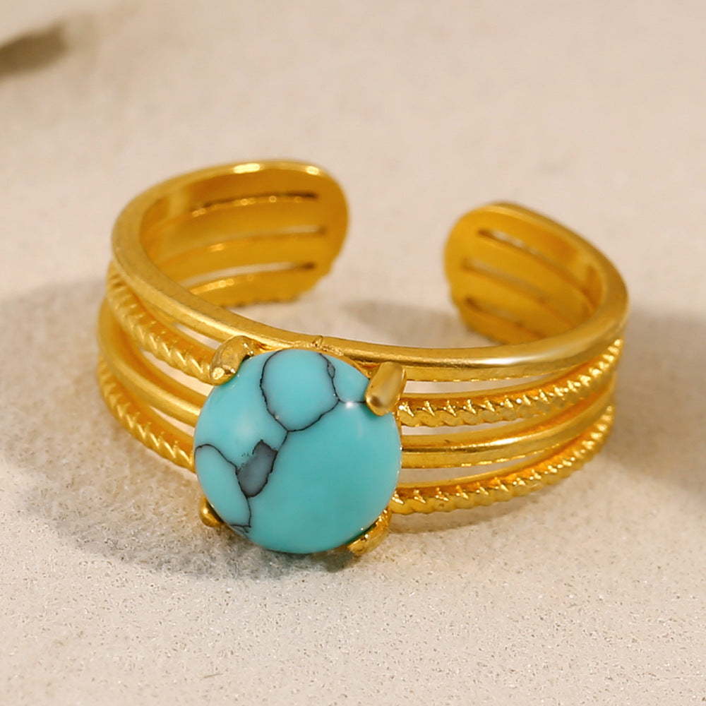 Fashionable Vintage French Style Geometric Stainless Steel Plated 18K Gold Half-Round Turquoise Ring for Women
