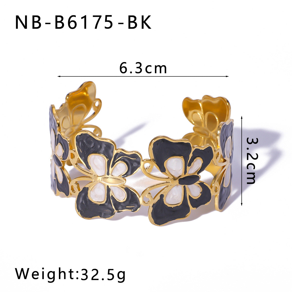 Bracciale rigido regolabile in acciaio inossidabile smaltato con placcatura in oro sottovuoto, motivo floreale geometrico e occhio di Fatima in stile vintage