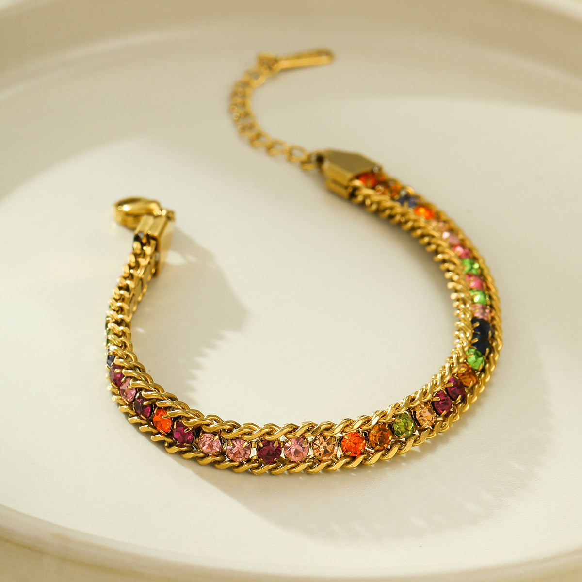 Minimalist Titanium Steel Bracelet for Women with Colorful Zircon Inlay and Plated Finish