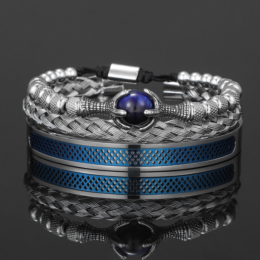 Personalized 10mm Tiger's Eye Titanium Steel Rope Chain Bracelet Set with Dragon Claw Beads