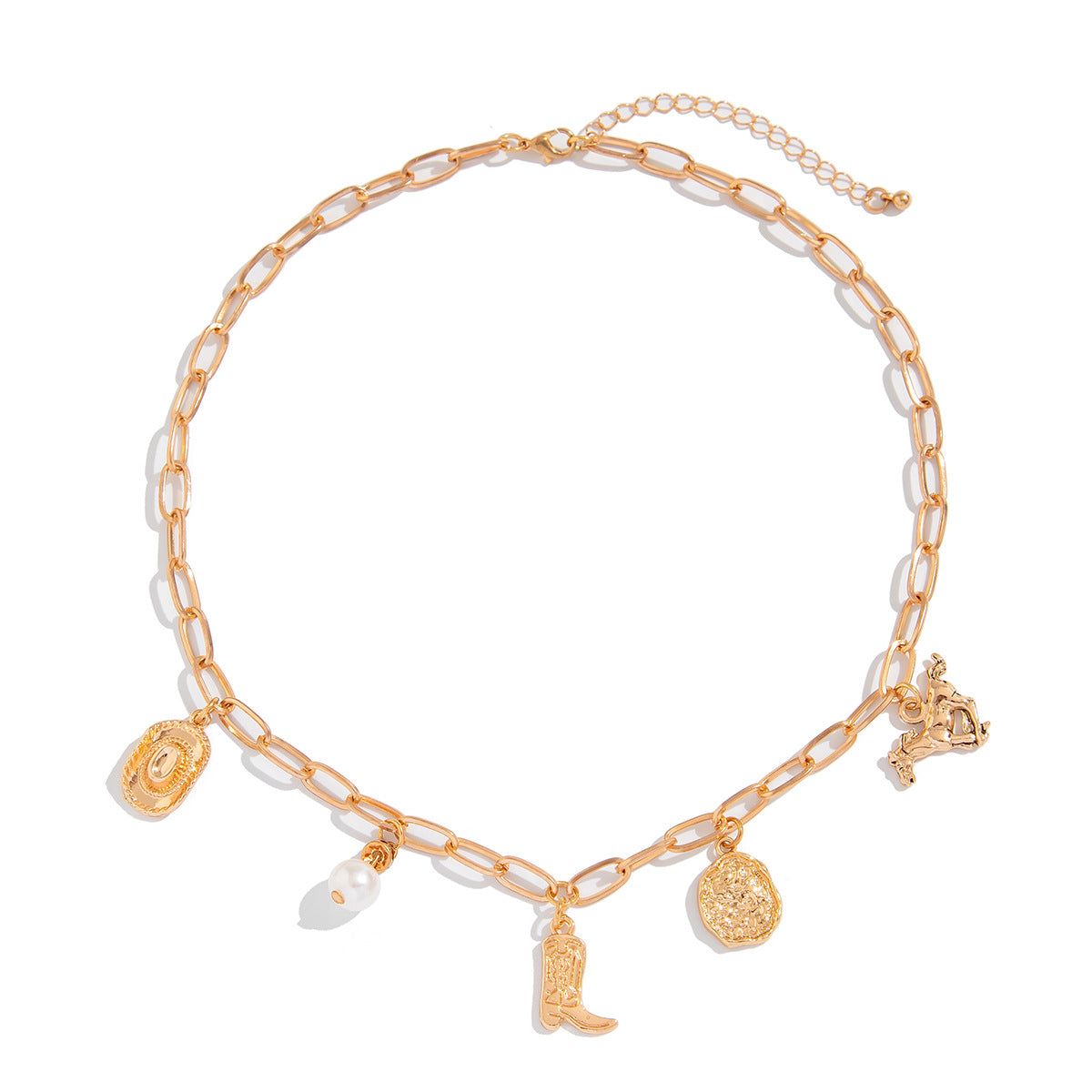 Geometric Cowboy Boot Alloy Pendant Necklace with Irregular Pearl for Women