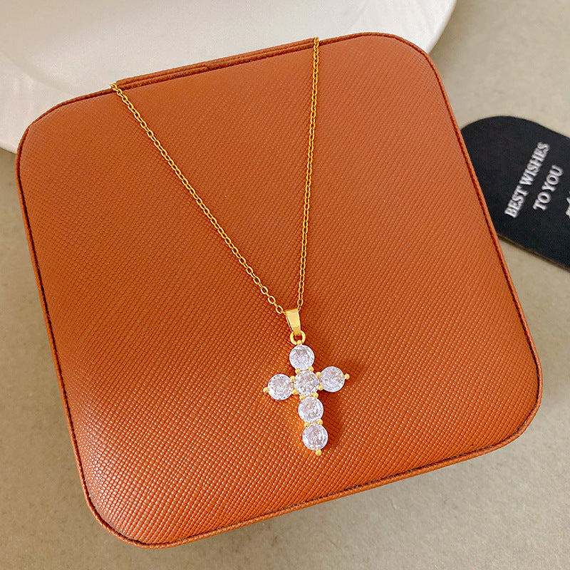 Sporty Sweet 18K Gold Plated Cross Titanium Steel Necklace with Cubic Zirconia for Women