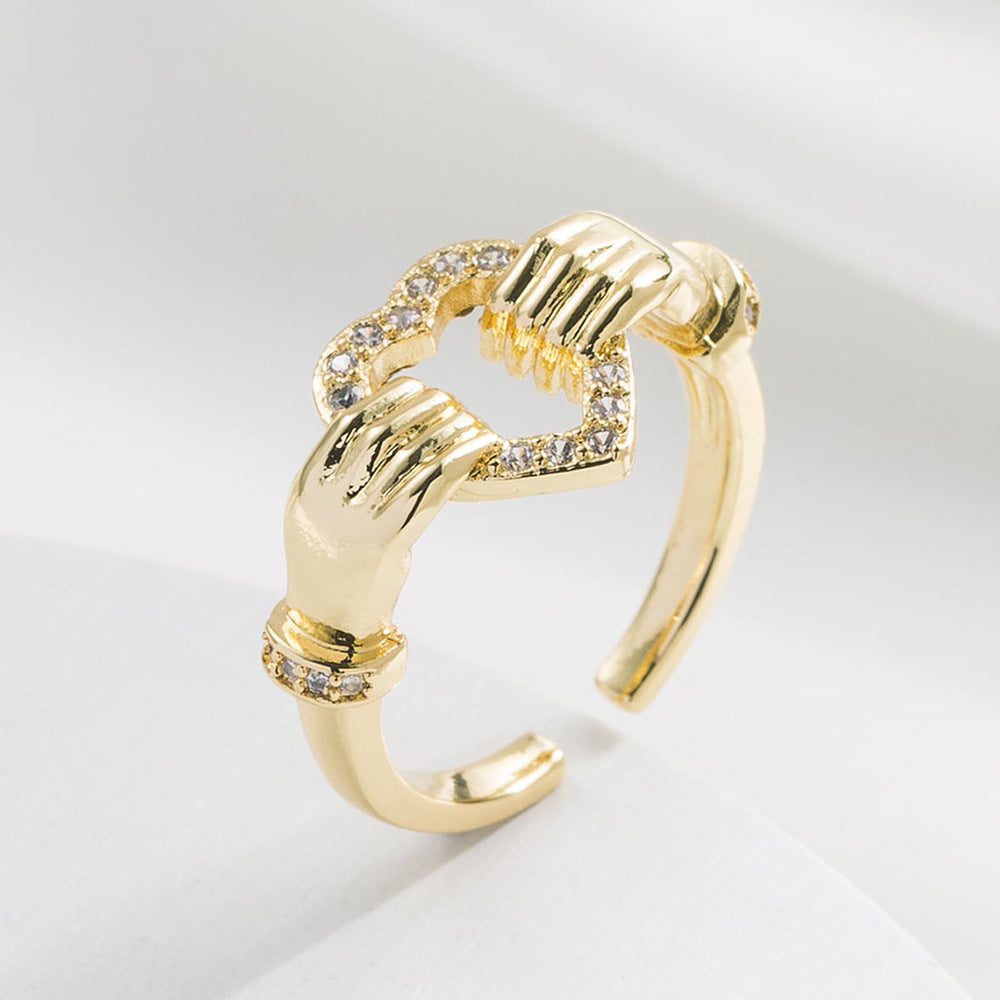 Anello Cuore Aperto Geometrico da Donna in Rame con Placcatura Oro 18K e Intarsi in Zirconi, Stile Vintage Minimalista