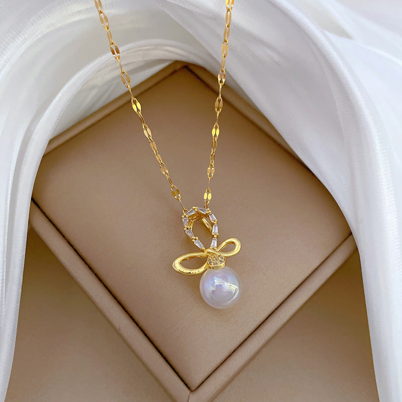 Luxury Mermaid-Inspired Butterfly Bow Pendant Necklace for Women Stainless Steel Delicate Collarbone Chain with Rhinestone Inlay