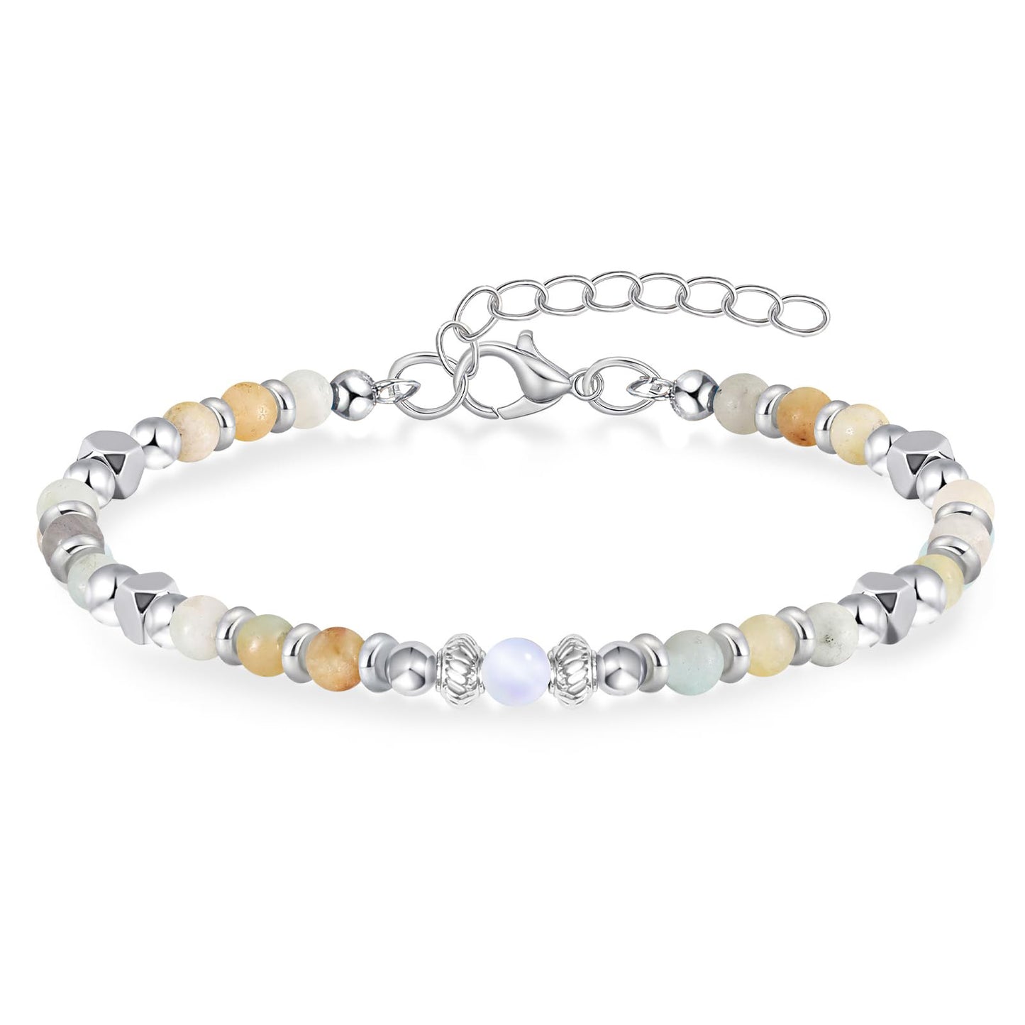 Natural Agate and Moonstone Square Bead Bracelet for Women