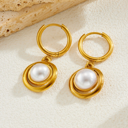 Vintage Minimalist Gold Plated Round Geometric Imitation Pearl Stainless Steel Earrings for Women