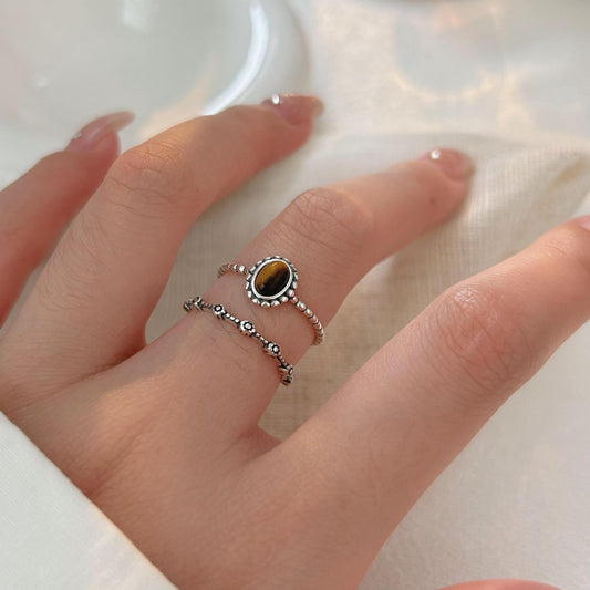 Minimalist Vintage 925 Sterling Silver Irregular Tiger's Eye Inlay Ring for Women