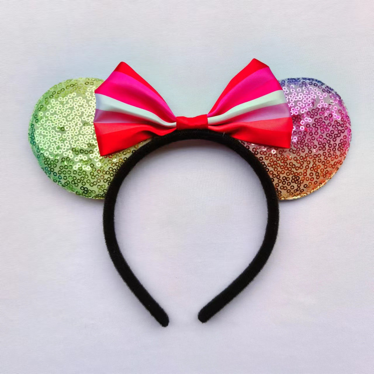 Cartoon Mickey Mouse Ear Headband with Rainbow Sequins and Bow for Theme Parties