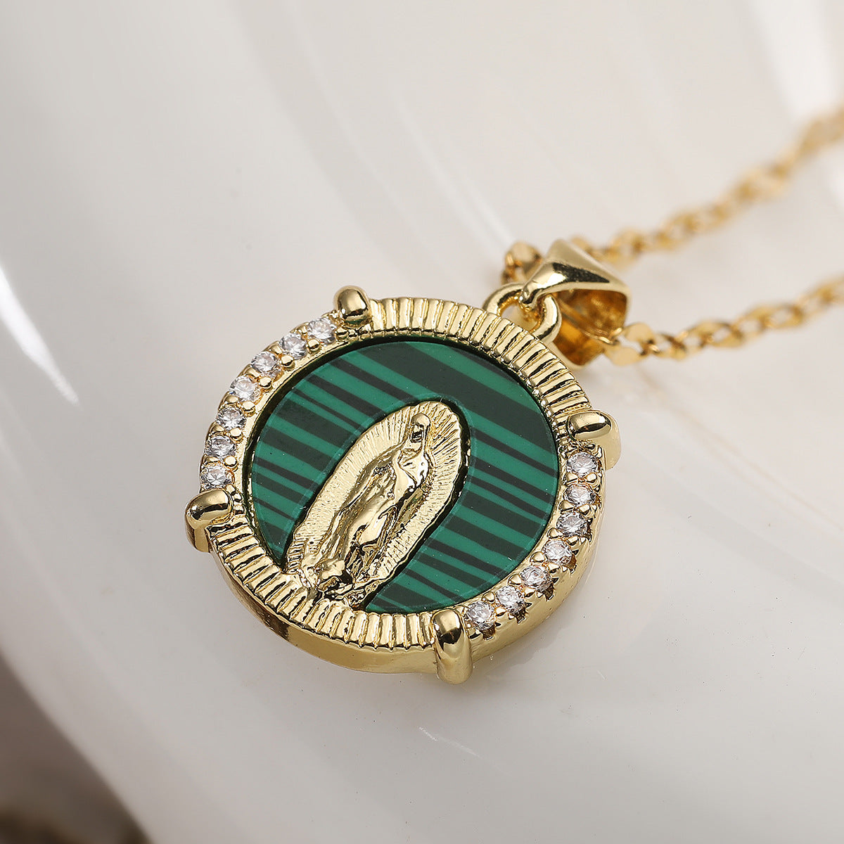 Vintage Minimalist Brass Gold Plated Geometric Virgin Mary Pendant with Cubic Zirconia