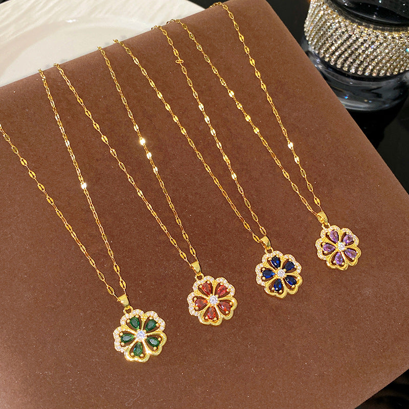 Luxury Floral Rhinestone Plated Titanium Steel Necklace with Brass Pendant for Unisex