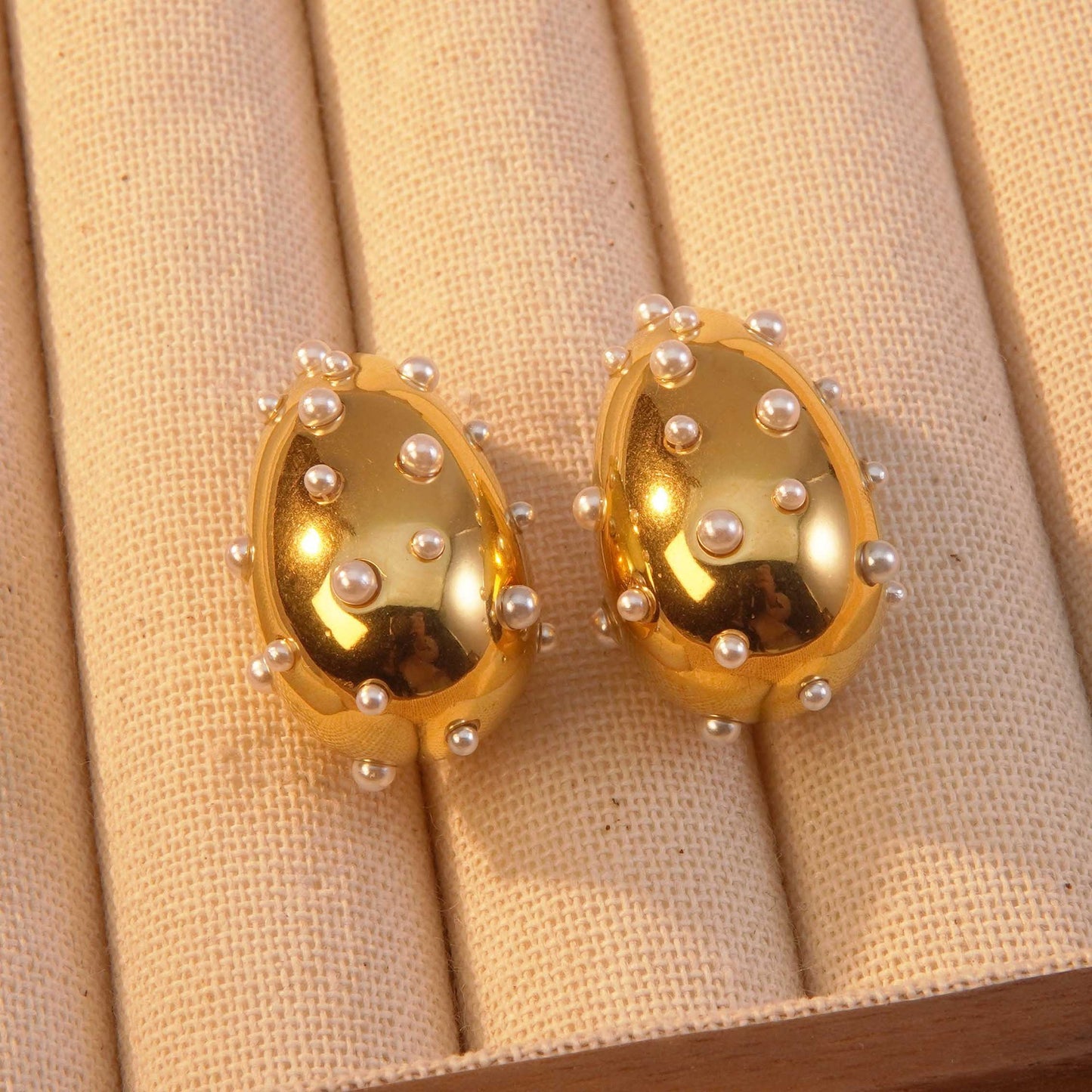 Orecchini di lusso in Acciaio Inossidabile con Perle, Placcati Oro 18K, a Goccia Geometrica, Rotondi e Ovali