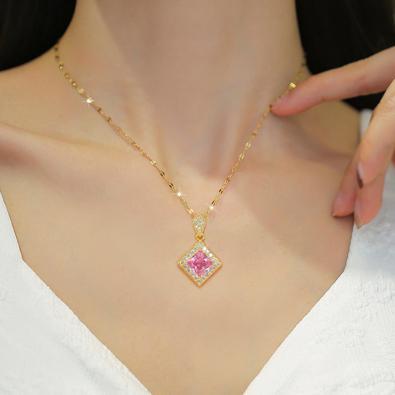 Sweet Elegant Micro-set Geometric Titanium Steel Necklace and Earring Set for Women