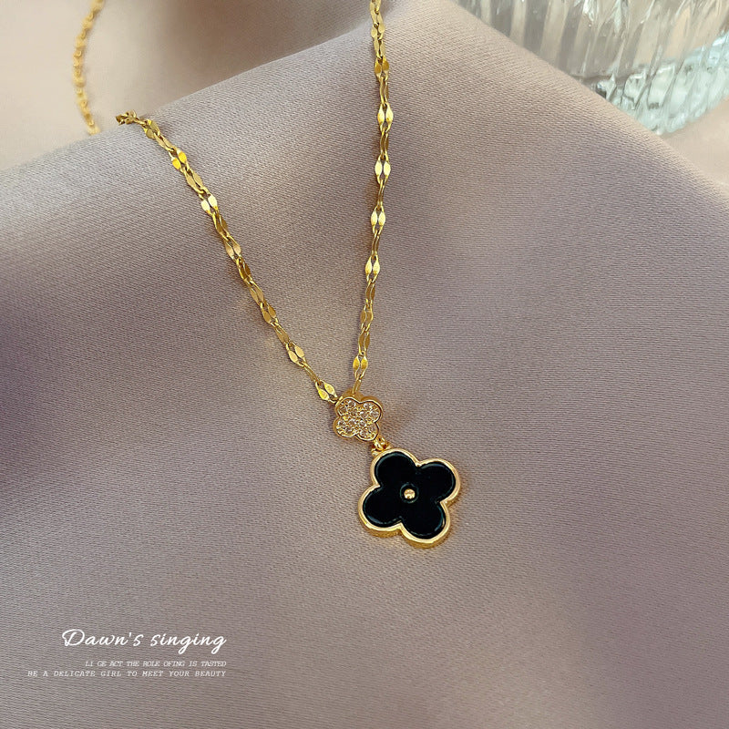 Minimalist Geometric Titanium Steel Clavicle Chain with Rhinestone Inlay and Copper Pendant