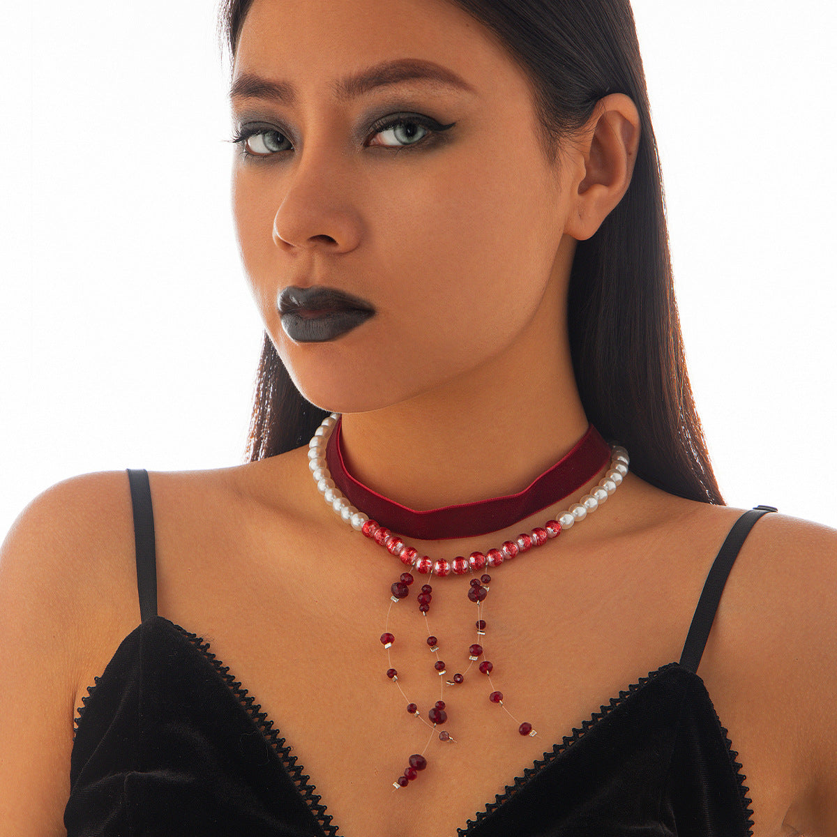 Gothic Geometric Teardrop Crystal Pendant Imitation Pearl Ball Chain Choker Necklace with Tassel for Women