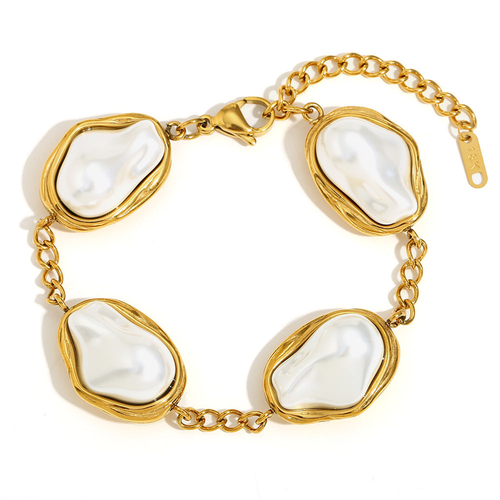 Fashionable Baroque Pearl Bracelet for Women in Stainless Steel with 18K Gold Plating, Geometric Ring Design