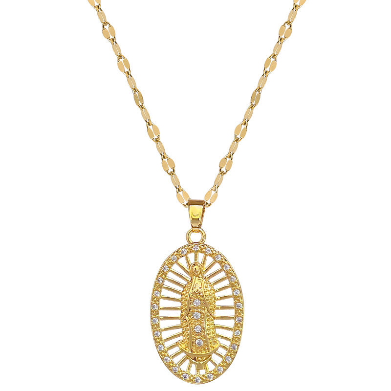 Egg-shaped Hollow Portrait Luxury Rhinestone Necklace for Women and Men Titanium Steel Pendant Chain Moon Pattern
