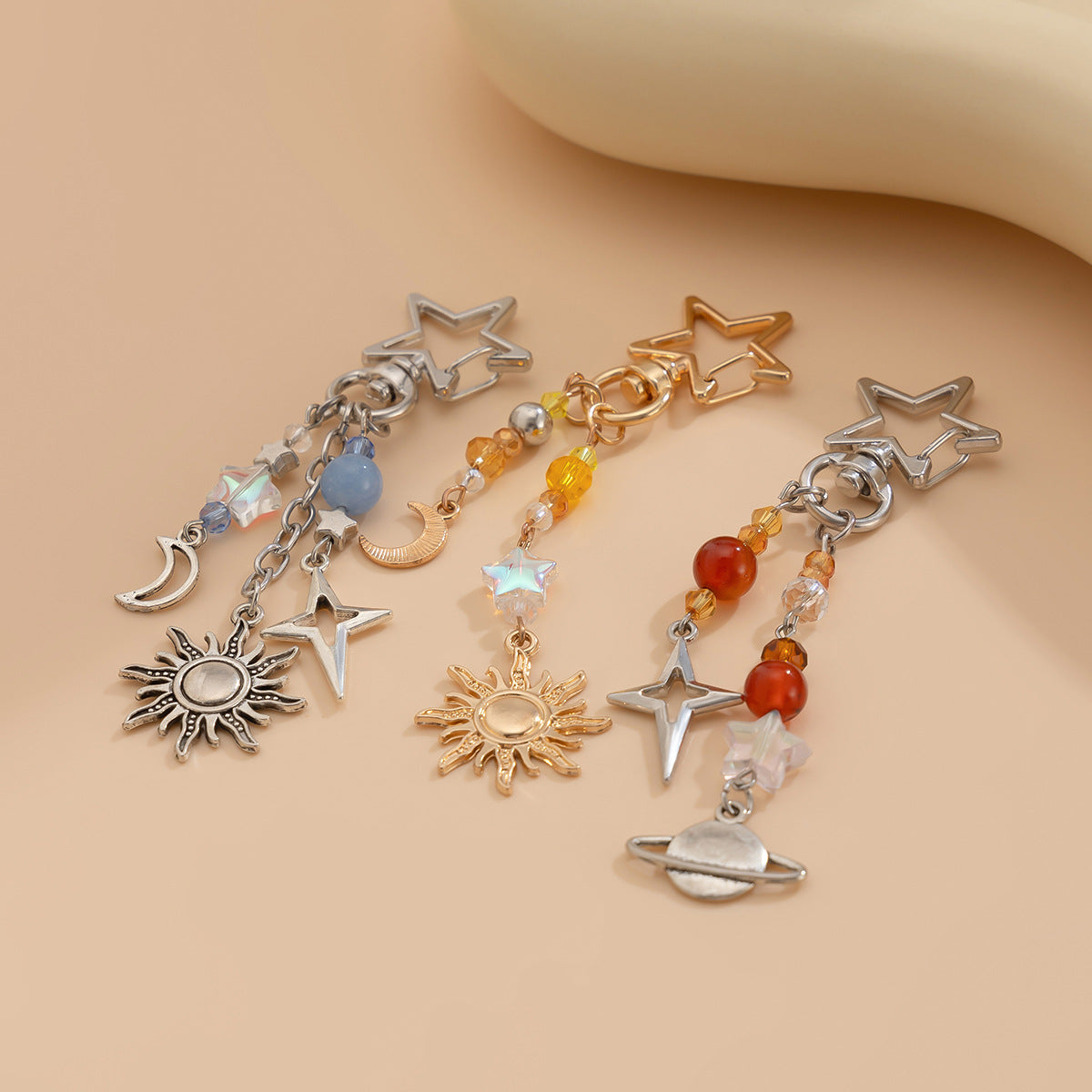 Gothic Streetwear Plated Crystal Keychain Set with Pearl Sunflower Star Moon Charms