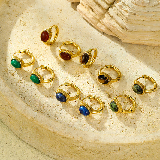 Vintage Stainless Steel Earrings with Natural Stone Inlay for Women, Plated Titanium Steel Hoop Style Fashion Jewelry